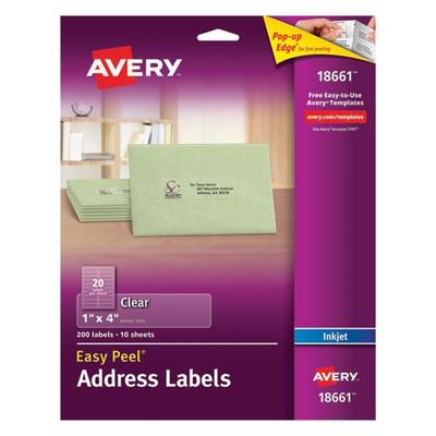 Avery AVE18661 Easy Peel Mailing Labels, 1" x 4", Inkjet Compatible, Permanent Adhesive, Clear, 200