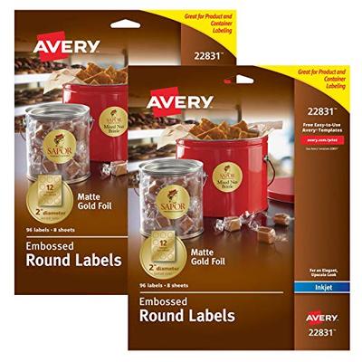 Avery Embossed 2 Inch Round Labels for Inkjet Printers Only, 96 Matte Gold Labels (22831) (2 Pack, 1
