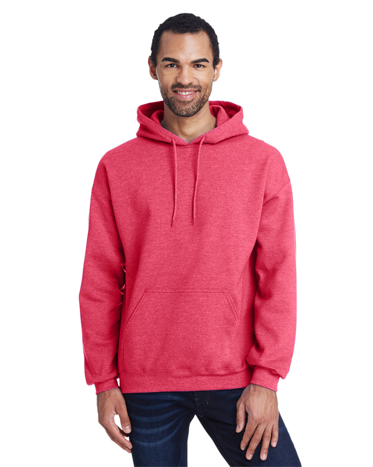 Gildan G185 Adult Heavy Blend 8 oz. 50/50 Hooded Sweatshirt in Heather Sport Scarlet Red size Large | Cotton Polyester 18500, G18500