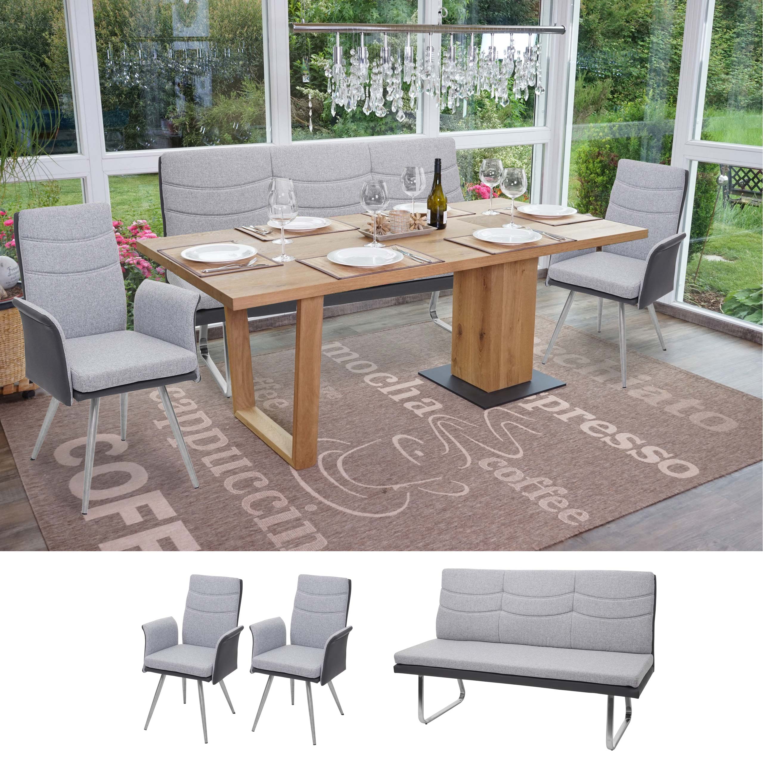 Set 2x Esszimmerstuhl+Sitzbank HWC-G54, Bank Küchenstuhl mit Armlehne, Stoff/Kunstleder Edelstahl ~ grau Bank 160cm Image