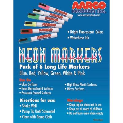 Aarco Products Neon Dry Erase Markers - Set of 6 Vivid Colors, MFL-6
