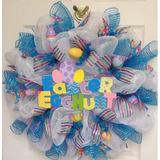 The Holiday Aisle® Easter Wreath Glittering Easter Egg Hunt Burlap/Deco Mesh in Blue/Yellow | 24 H x 24 W x 6 D in | Wayfair