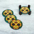 World Menagerie Loving Skull 5 Piece Coaster Set w/ Holder Wood in Brown/Green/Yellow | 3.9 D in | Wayfair 281207