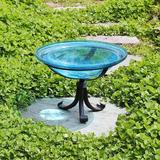 Fleur De Lis Living 12 Inch Crackle Birdbath w/ Tripod Stand Glass in Green/Blue | 12.75 H x 12.5 W x 9.25 D in | Wayfair