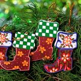 The Holiday Aisle® 4 Piece Hand-crafted Wood Holiday Shaped Ornament Stocking Set Wood in Brown/Green/Orange | 3.5 H x 2.8 W in | Wayfair 218842