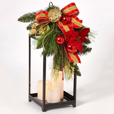 22" Red Ribbon Lantern with Candles by BrylaneHome in Multi