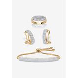 18K Gold-Plated Diamond Accent Demi Hoop Earrings, Ring and Adjustable Bolo Bracelet Set 9" by PalmBeach Jewelry in Gold (Size 8)
