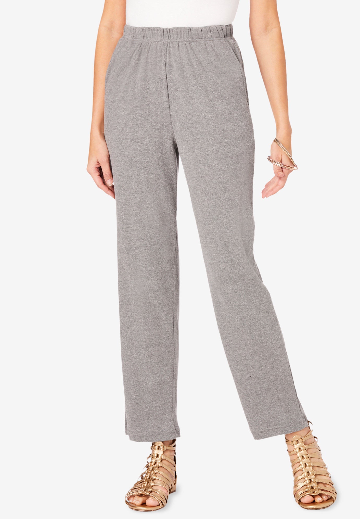 Plus Size Women's Plus Size Straight Leg Soft Knit Pull On Pant by Roaman's in Medium Heather Grey (Size 3X) Pull On Elastic Waist