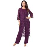Plus Size Women's Three-Piece Lace Duster & Pant Suit by Roaman's in Dark Berry (Size 24 W) Duster, Tank, Formal Evening Wide Leg Trousers