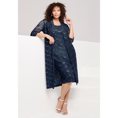 Plus Size Women's Plus Size 3/4 Sleeve Formal Duster Sequin - Embellished Lace Dress Set by Roaman's in Navy (Size 30 W) Formal Evening