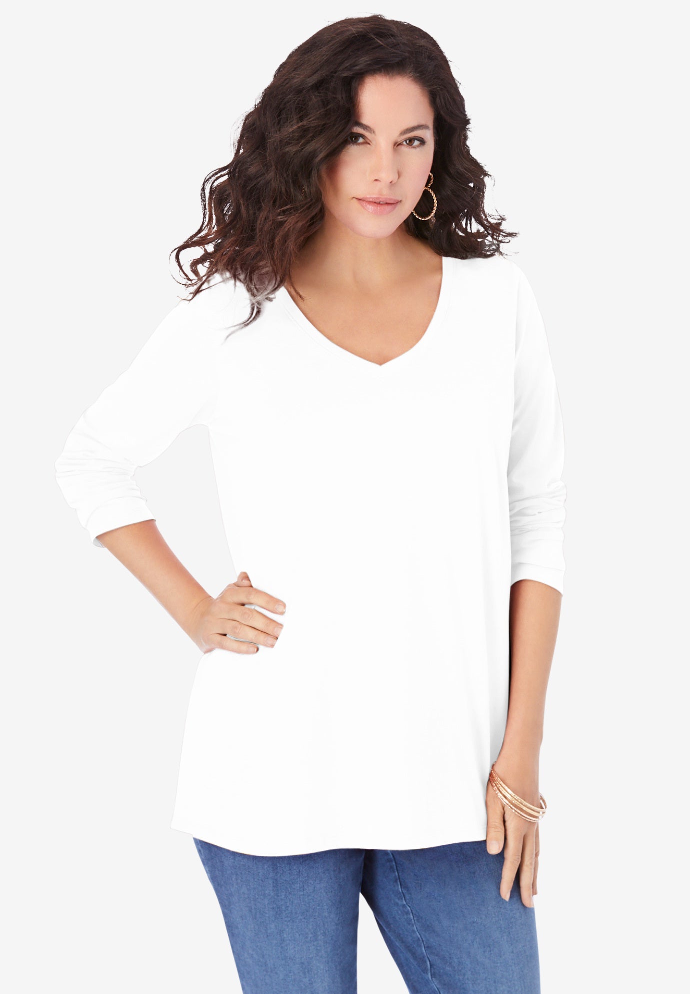 Plus Size Women's Ultimate Long Sleeve V Neck Tee by Roaman's in White (Size 18/20) Shirt