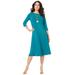Plus Size Women's Ultrasmooth® Fabric Boatneck Swing Dress by Roaman's in Deep Turquoise (Size 18/20) Stretch Jersey 3/4 Sleeve Dress
