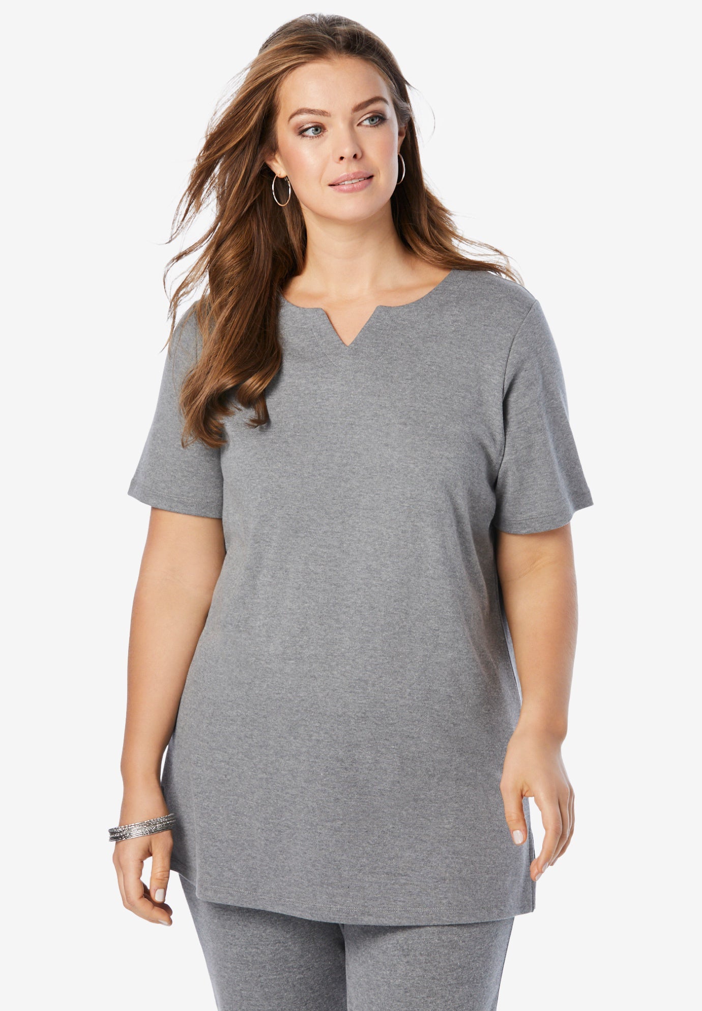 Plus Size Women's Plus Size Soft Knit Tunic with Notch Neckline by Roaman's in Medium Heather Grey (Size 4X) Short Sleeve T-Shirt