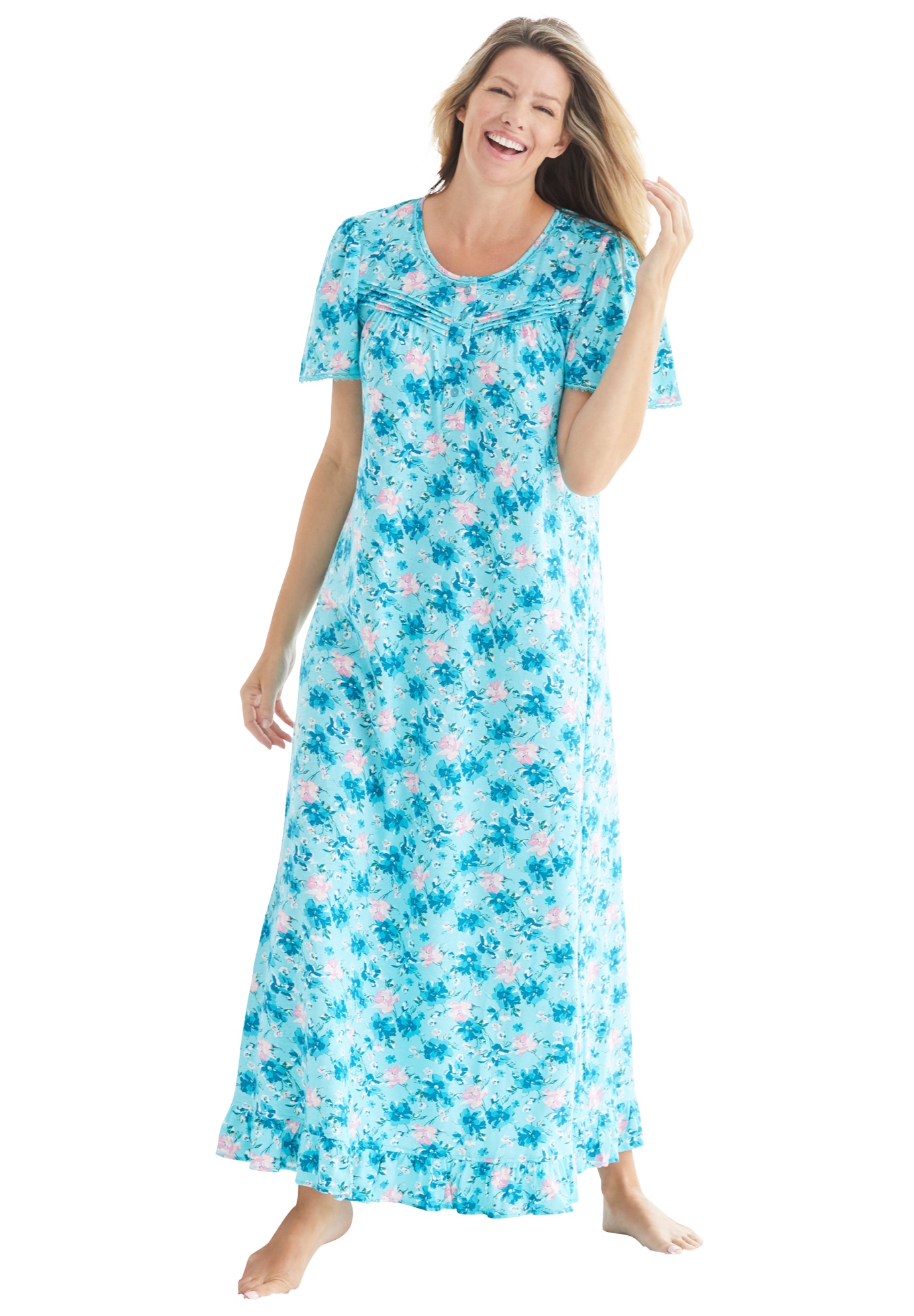 Plus Size Women's Long Floral Print Cotton Gown by Dreams & Co. in Caribbean Blue Roses (Size 4X) Pajamas