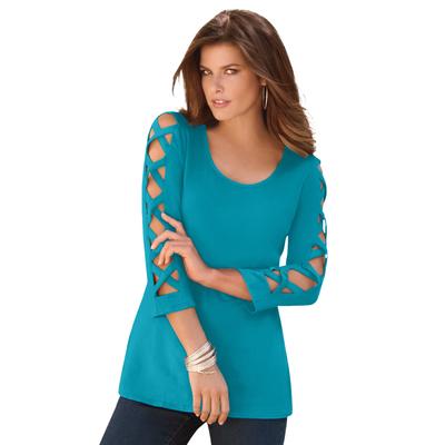 Plus Size Women's Lattice Sleeve Ultimate Tee by Roaman's in Deep Turquoise (Size 30/32) Shirt