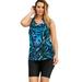 Plus Size Women's Longer-Length Racerback Tankini Top by Swim 365 in Blue Painterly Leaves (Size 28)