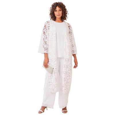 Plus Size Women's Three-Piece Lace Duster & Pant Suit by Roaman's in White (Size 28 W) Duster, Tank, Formal Evening Wide Leg Trousers