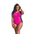 Plus Size Women's Zip-Front One-Piece with Tummy Control by Swim 365 in Fuchsia White Black (Size 16) Swimsuit