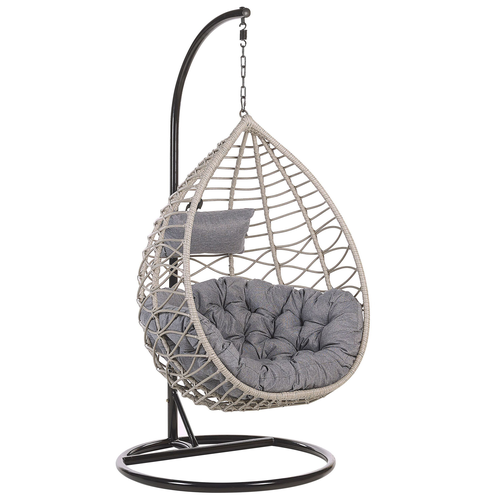 Hängesessel Grau Rattan mit schwarzem Gestell aus Stahl inkl. Kissen Outdoor Indoor Boho Stil