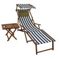 Erst-Holz Sonnenliege blau-weiß Strandliege Holzliege Buche Fußteil Sonnendach Tisch Kissen 10-317FSTKD