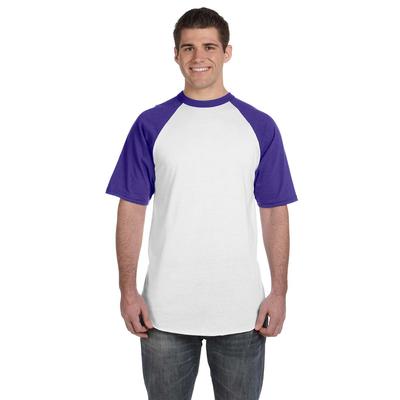 Augusta Sportswear 423 Baseball Short Sleeve Top 2.0 in White/Purple size XL | Cotton Polyester