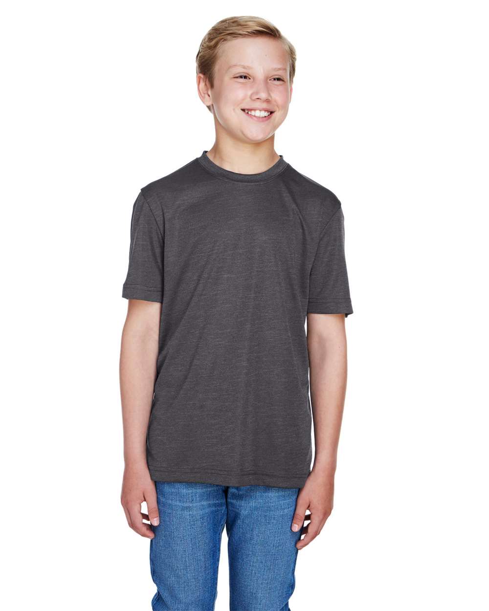 Team 365 TT11HY Youth Sonic Heather Performance T-Shirt in Dark Grey size XL | Polyester