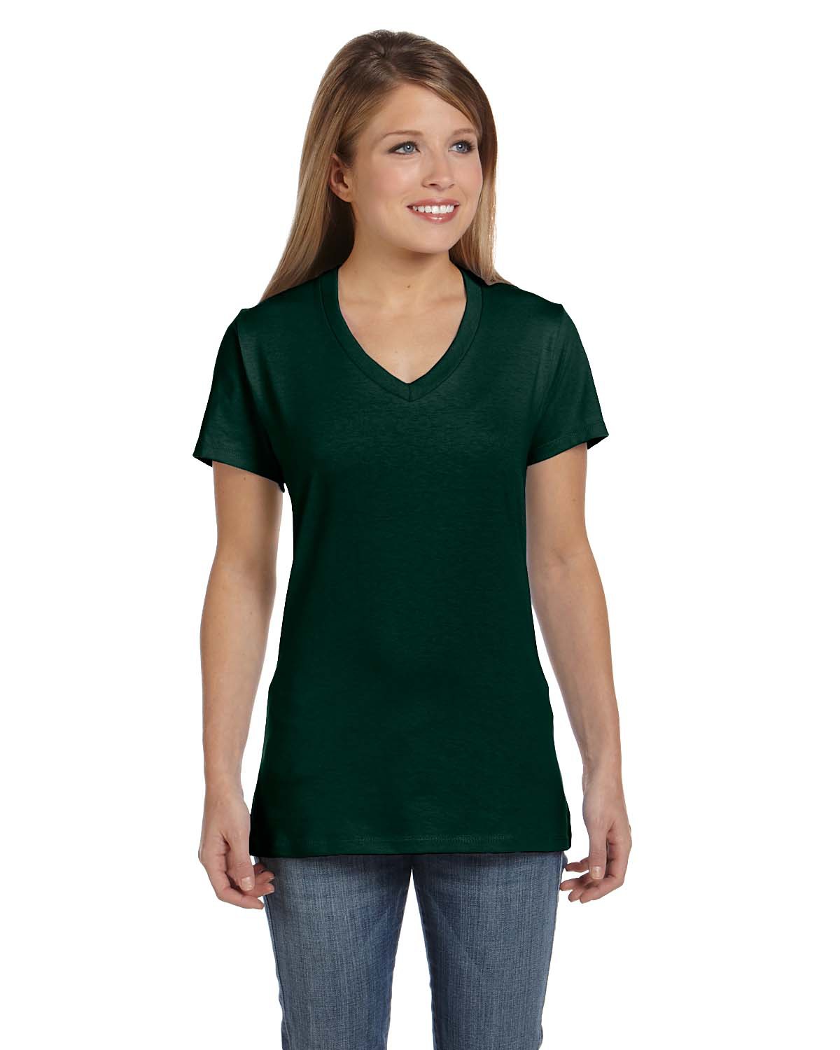 Hanes S04V Women's Perfect-T V-Neck T-Shirt in Deep Forest Green size XL | Ringspun Cotton