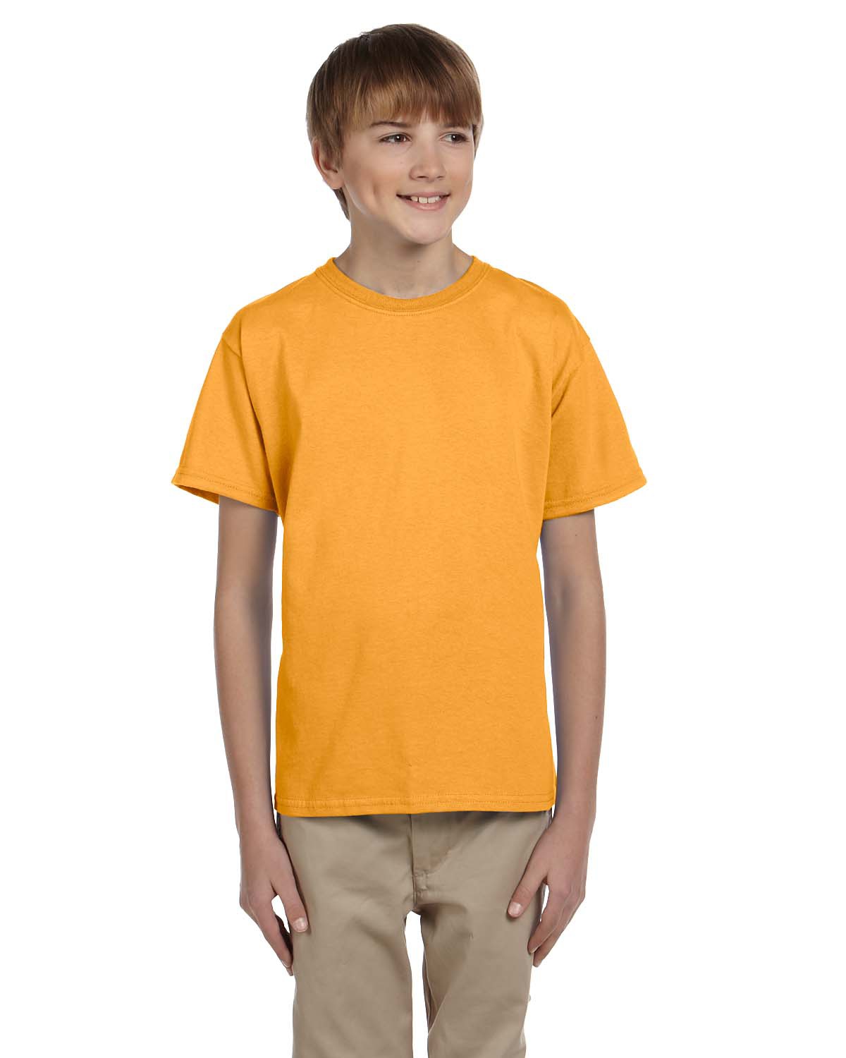 Hanes 5370 Youth EcoSmart 50/50 Cotton/Poly T-Shirt in Gold size Large | Cotton Polyester