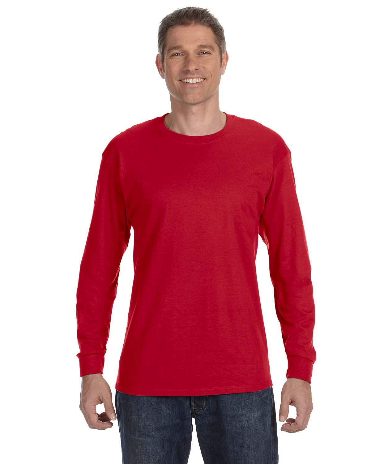 Hanes 5586 Authentic-T Cotton Long Sleeve T-Shirt in Deep Red size Large