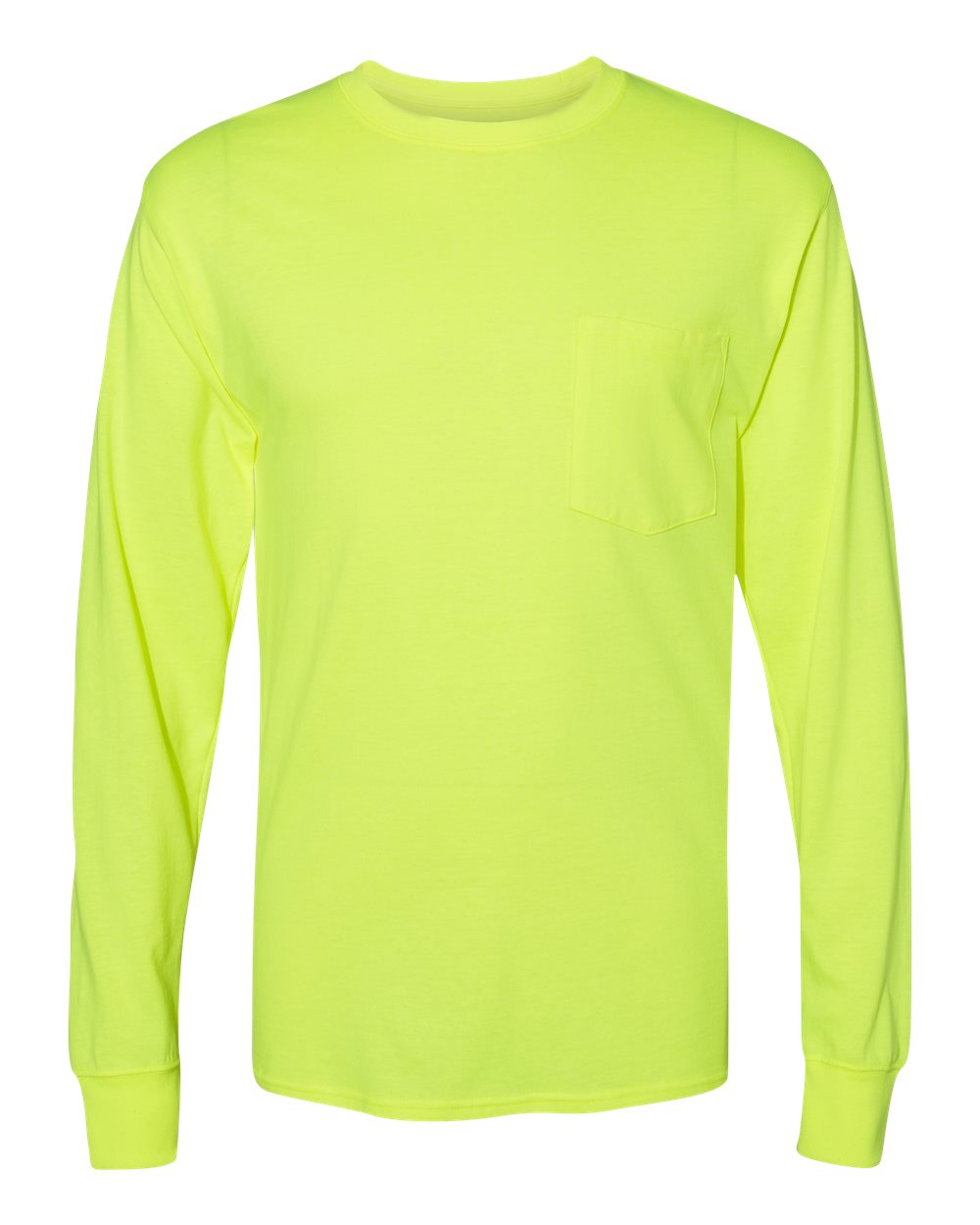 Hanes W120 Adult Workwear Long-Sleeve Pocket T-Shirt in Safety Green size Large | Cotton/Polyester Blend