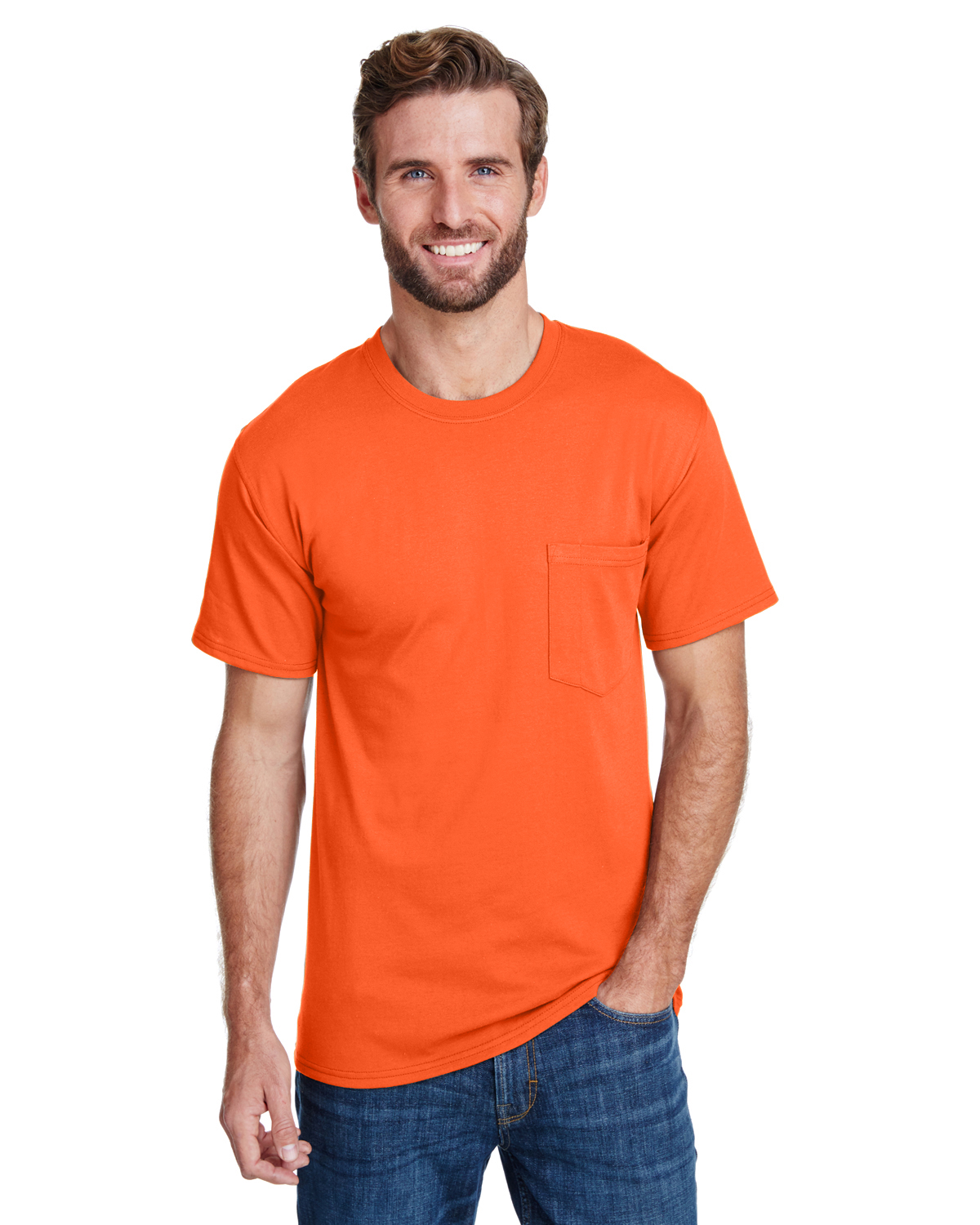 Hanes W110 Adult Workwear Pocket T-Shirt in Safety Orange size Large | Cotton/Polyester Blend