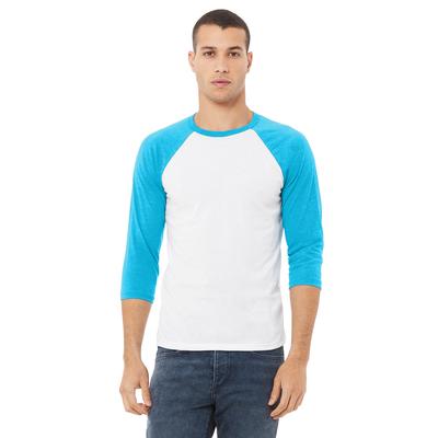 Bella + Canvas 3200 3/4-Sleeve Baseball T-Shirt in White/Neon Blue size XL | Triblend B3200, BC3200