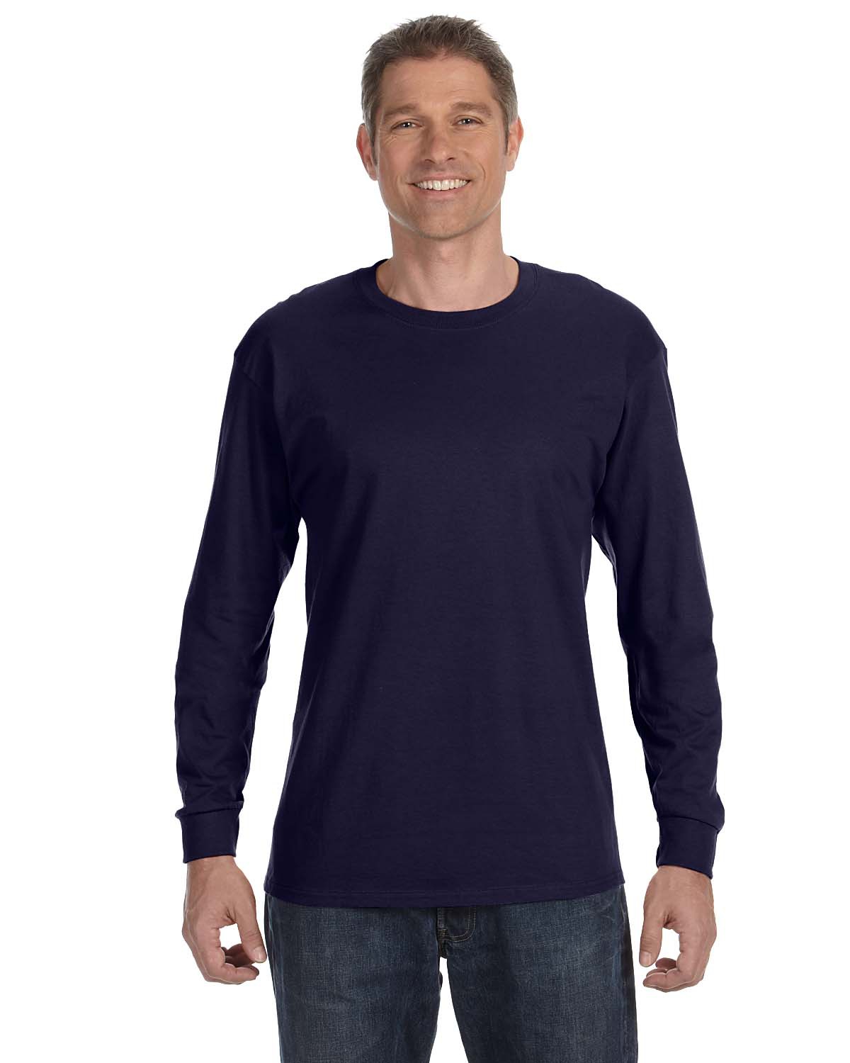 Hanes 5586 Authentic-T Cotton Long Sleeve T-Shirt in Navy Blue size Small