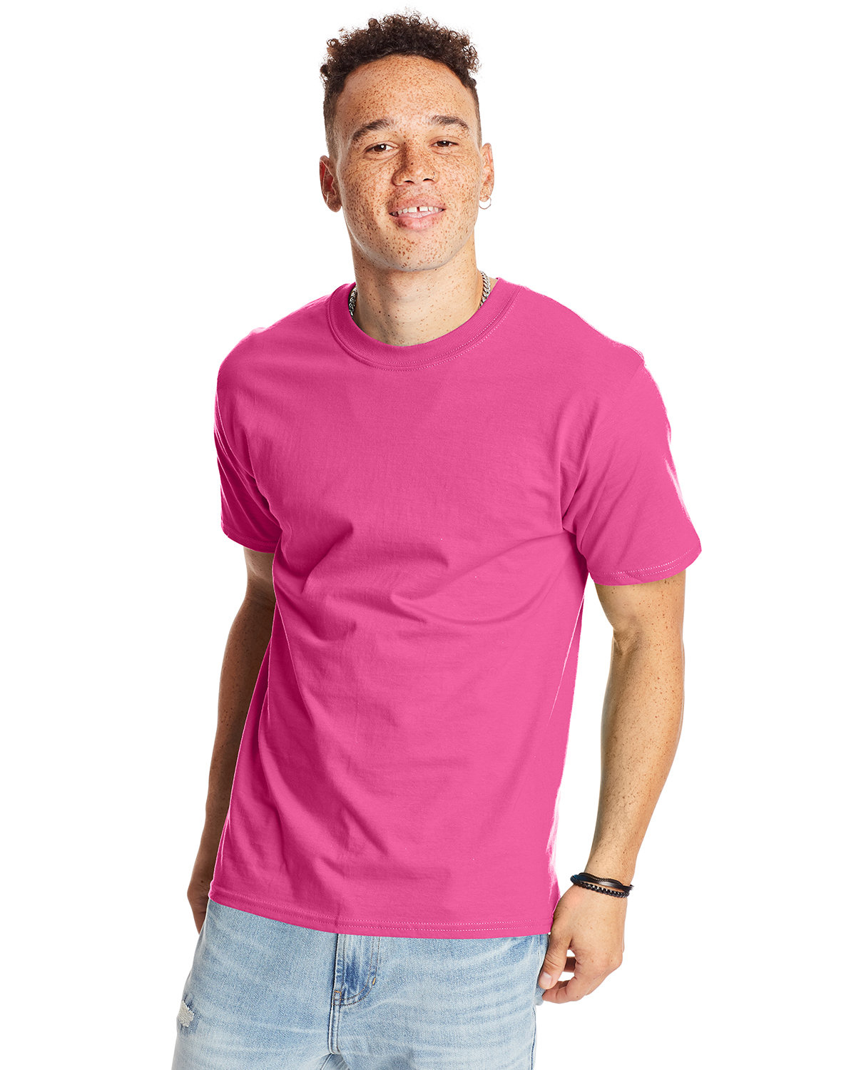 Hanes 5180 Beefy-T-Shirt - Cotton T-Shirt in Wow Pink size Medium | Ringspun