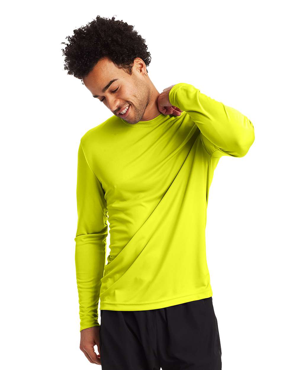 Hanes 482L Adult Cool DRI with FreshIQ Long-Sleeve Performance T-Shirt in Safety Green size XL | Polyester