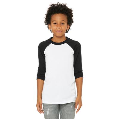 Bella + Canvas 3200Y Youth 3/4-Sleeve Baseball T-Shirt in White/Black size Small | Cotton/Polyester Blend B3200Y