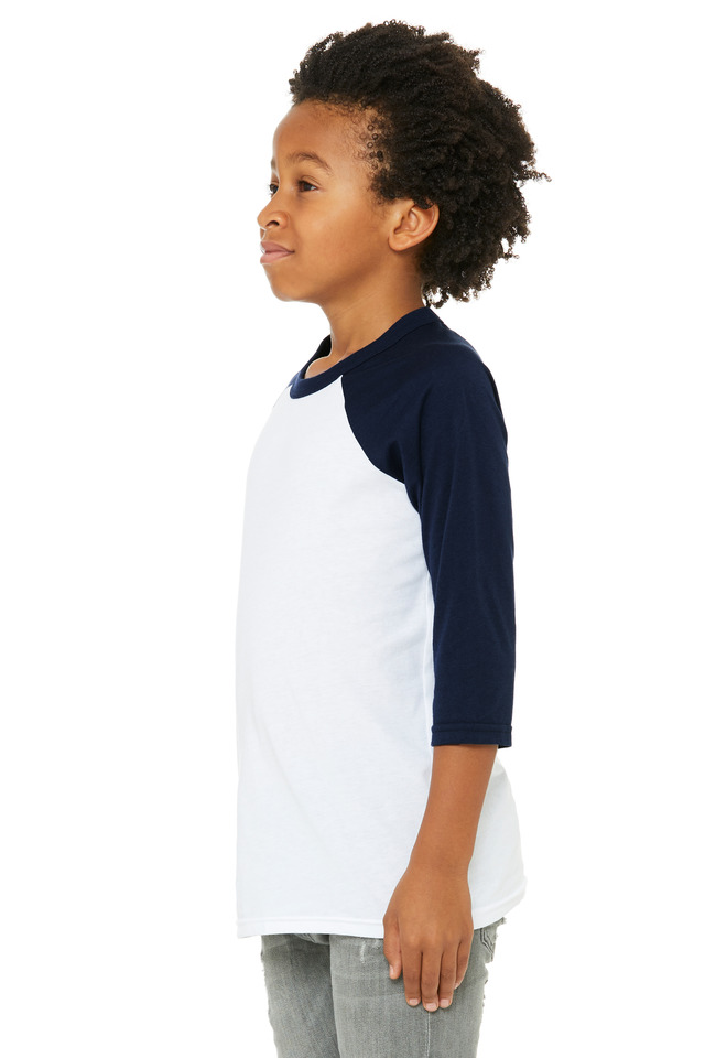 Bella + Canvas 3200Y Youth Three-Quarter Sleeve Baseball Top in White/Navy Blue size Medium | Cotton/Polyester Blend B3200Y