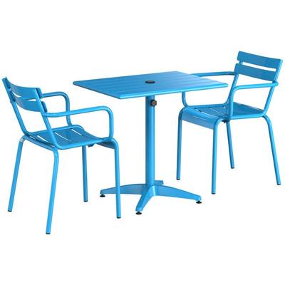 Lancaster Table & Seating 24" x 32" Blue Powder-Coated Aluminum Dining Height Outdoor Table with Umbrella Hole and 2 Arm Chairs