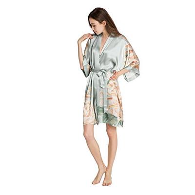 KIM+ONO Silk Kimono Robe Short - Floral Print, Kiku- Misty Jade