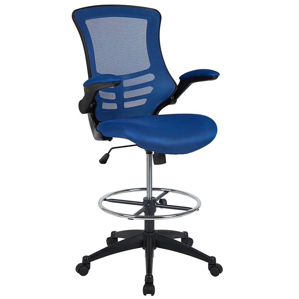 Flash Furniture BL-X-5M-D-BLUE-GG Mid-Back Blue Mesh Drafting Stool with Flip-Up Arms