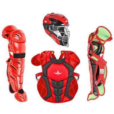 All Star System7 Axis NOCSAE Certified Two Tone Baseball Catcher's Gear Set - Ages 12-16 Scarlet/Black