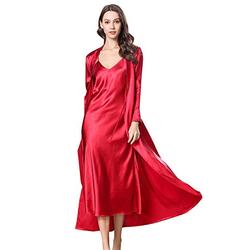 FEOYA Womens Satin Pyjamas 2 Pieces Silk Nightdress and Robe Set Long Dressing Gown Red Oblique V-Neck Ladies Sexy Strappy Sleepwear Bridesmaid Kimono M
