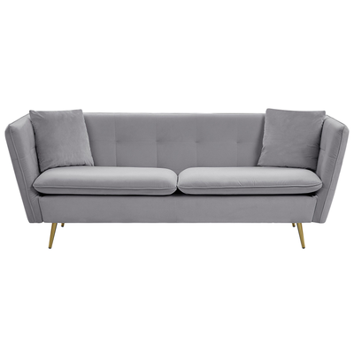 Sofa Grau Samtstoff 3-Sitzer mit 2 Zierkissen Metallbeine in Gold Polsterbezug Glamouröser Stil Wohnzimmermöbel