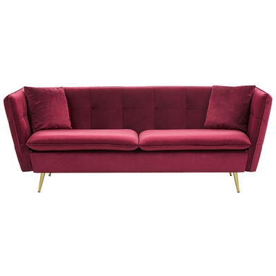 Sofa Rot Samtstoff 3-Sitzer mit 2 Zierkissen Metallbeine in Gold Polsterbezug Glamouröser Stil Wohnzimmermöbel