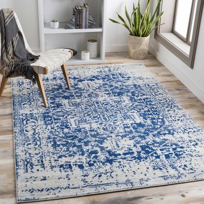 Limestone 5'3" Round Updated Traditional Light Beige/Medium Gray/Navy/Peach Area Rug - Hauteloom