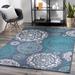 Reasnor 7'3" Round Cottage Teal/White/Navy/Pale Blue Outdoor Area Rug - Hauteloom