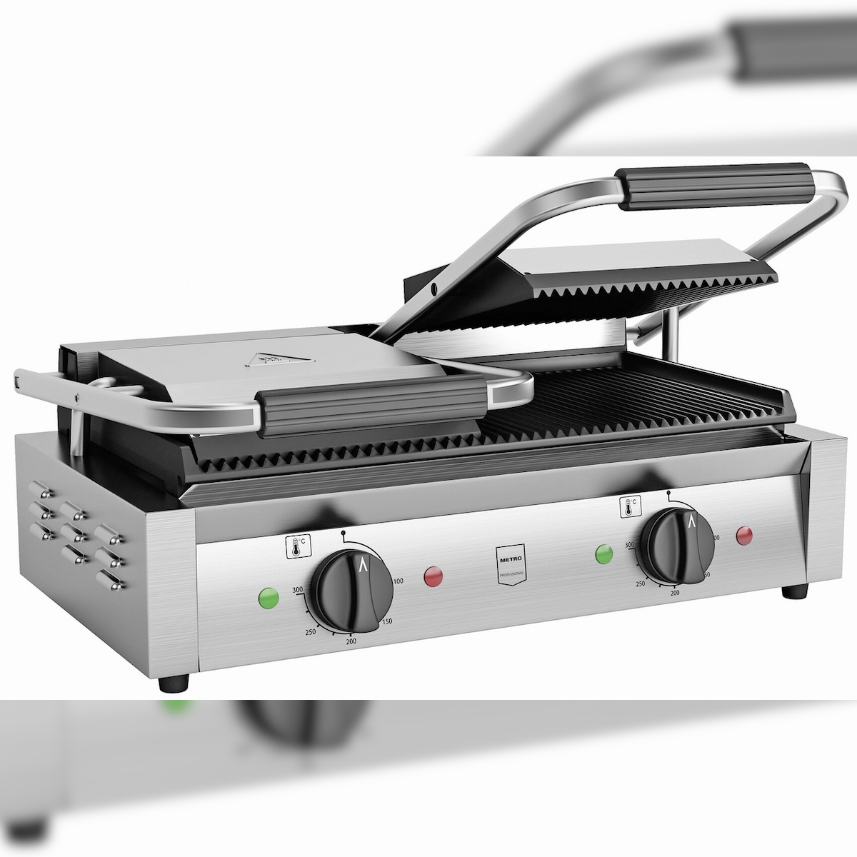 METRO Professional Doppel-Kontaktgrill GPG2201, Edelstahl, 57 x 36 x 20 cm, geriffelt, mit Fettauffangschale, silber Image