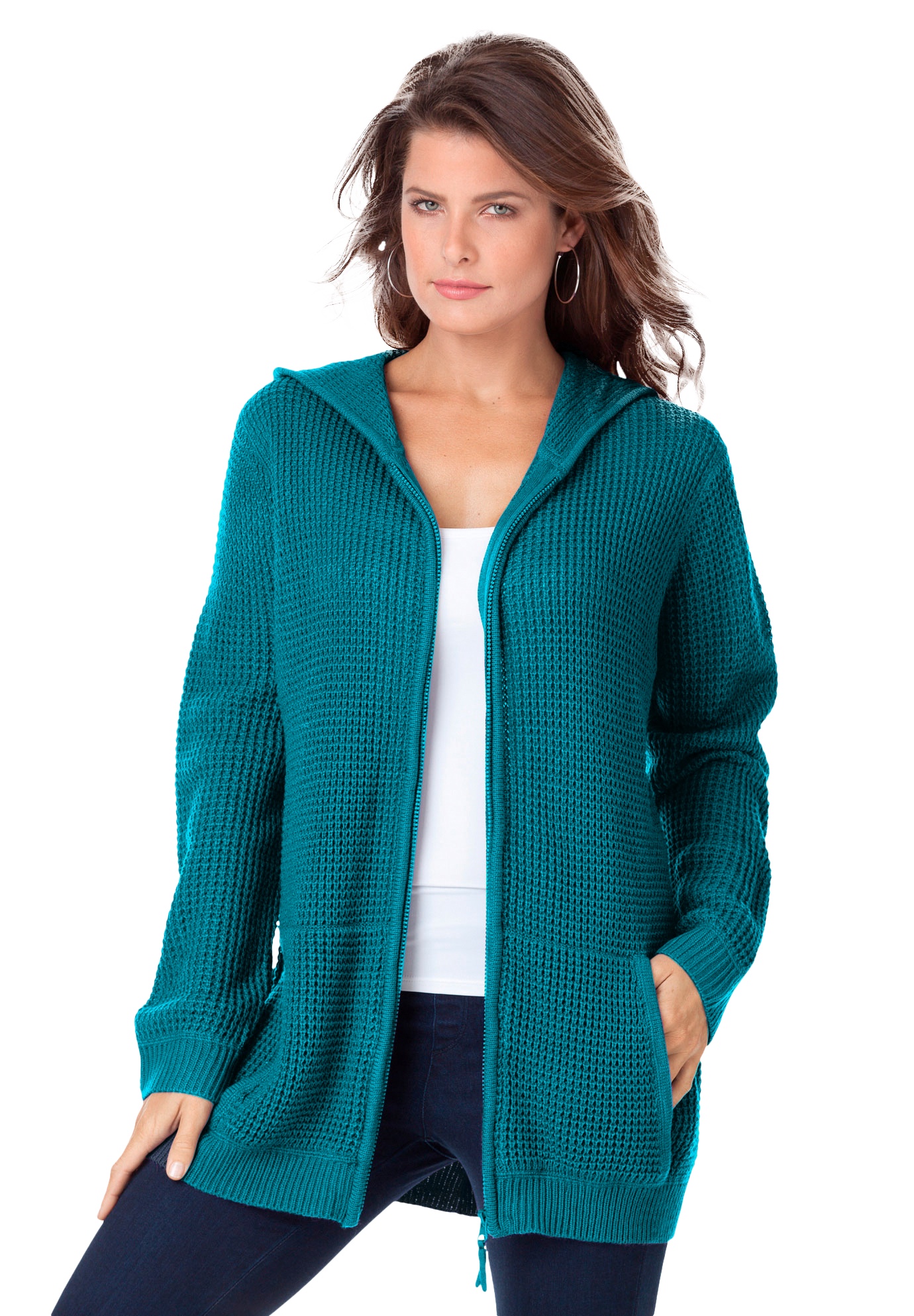 Plus Size Women's Plus Size Waffle Knit Zip Hoodie by Roaman's in Deep Turquoise (Size L) Zip Up Sweater