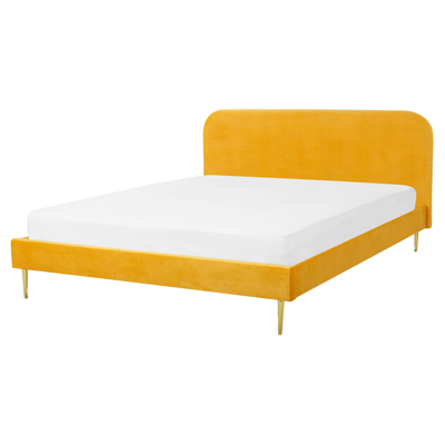 Bett Gelb Samtstoff mit Lattenrost 160 x 200 cm Metallfüße Gold hohes Kopfteil Retro Glamourös Polsterbett Doppelbett Sc