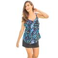 Plus Size Women's Longer-Length Tiered-Ruffle Tankini Top by Swim 365 in Blue Painterly Leaves (Size 32)